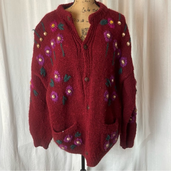 Vintage Sweaters - Vintage Ethnik Creations Chunky Knit Cardigan Red Fuchsia Green Floral Sz L